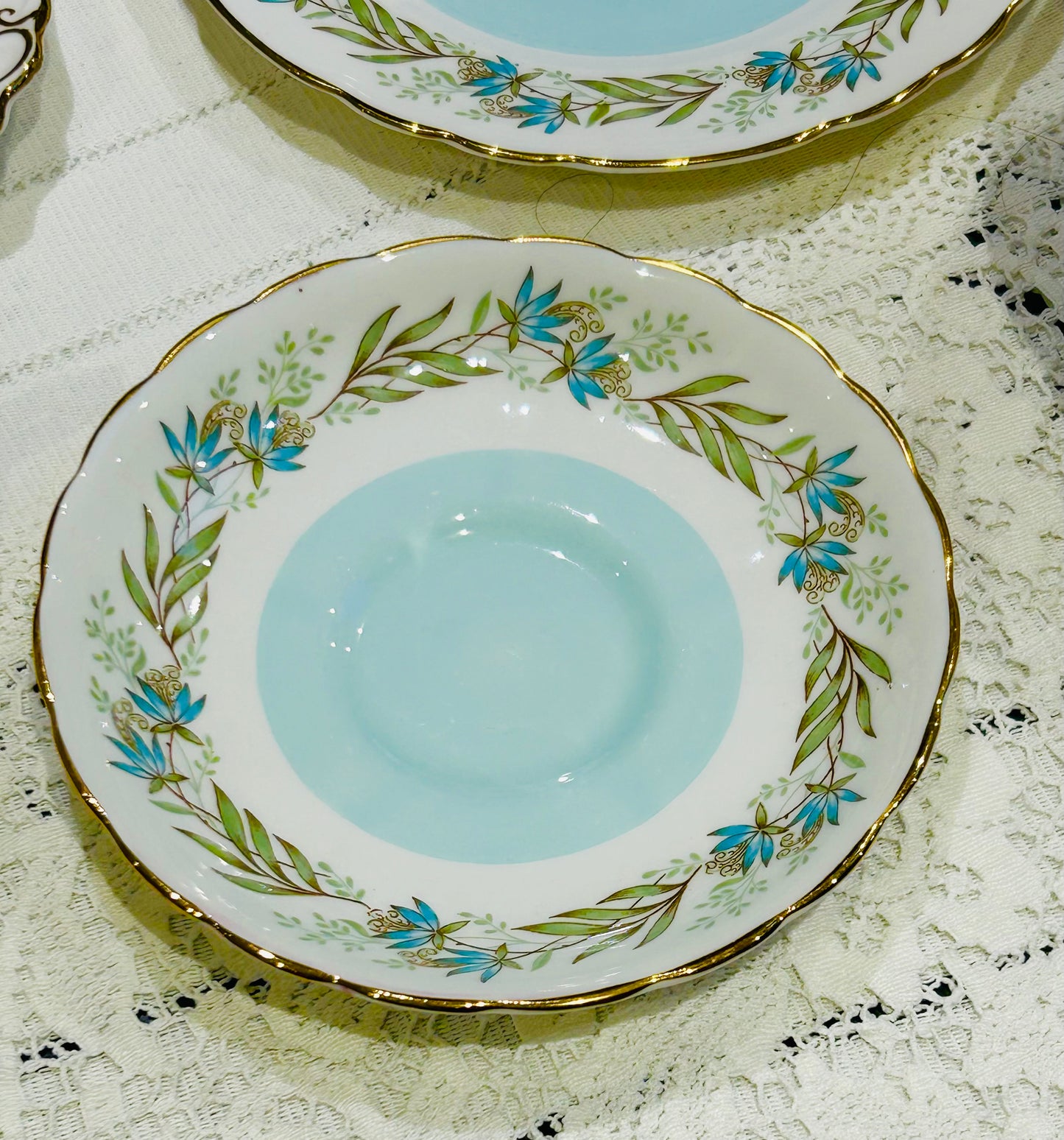 Tuscan China Teacup Trio – Mid‑Century Vintage Tea Set – “Fresco” Pattern - White & Duck Egg Blue Bone China