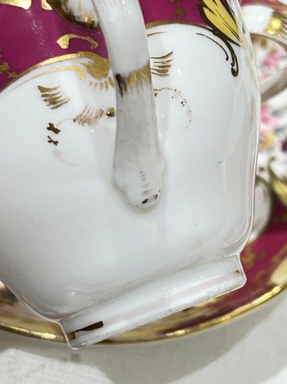 English Victorian China Tea Set – 6 Cups & Saucers, Gilded, Antique