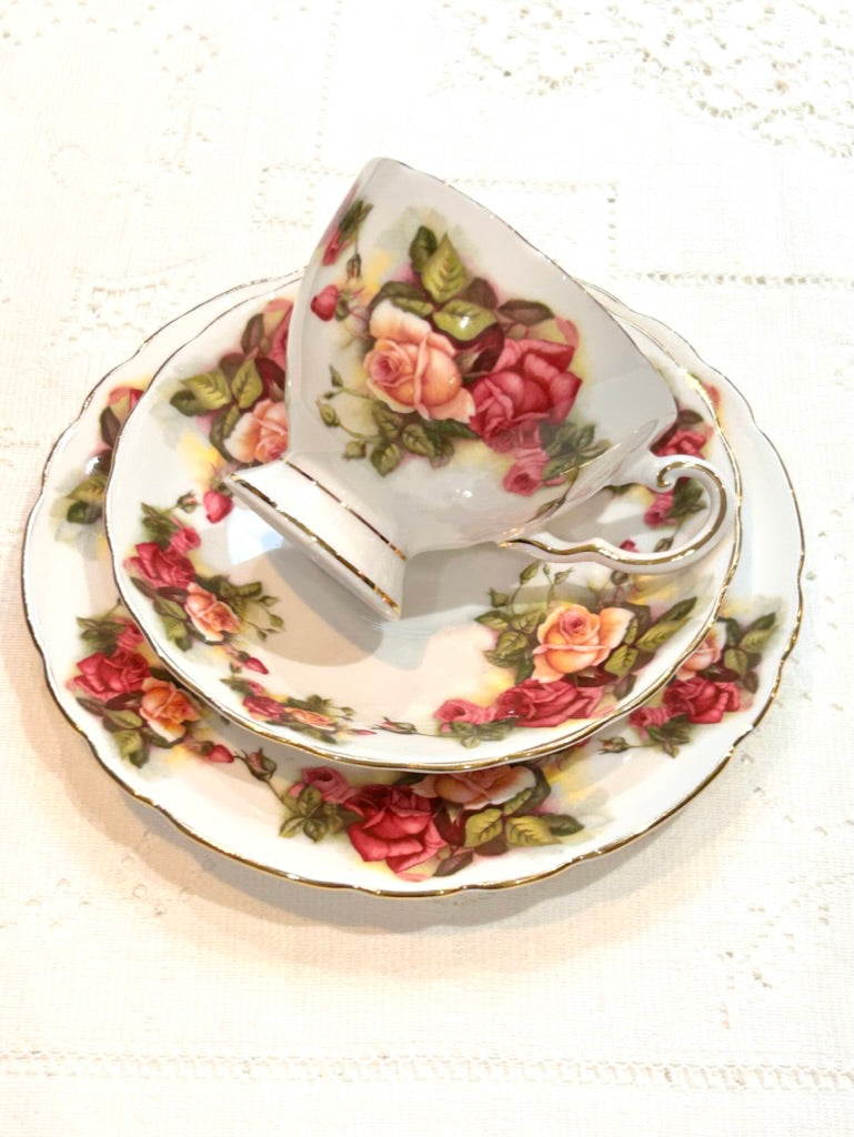 Tuscan Pink Rose Teacup Trio