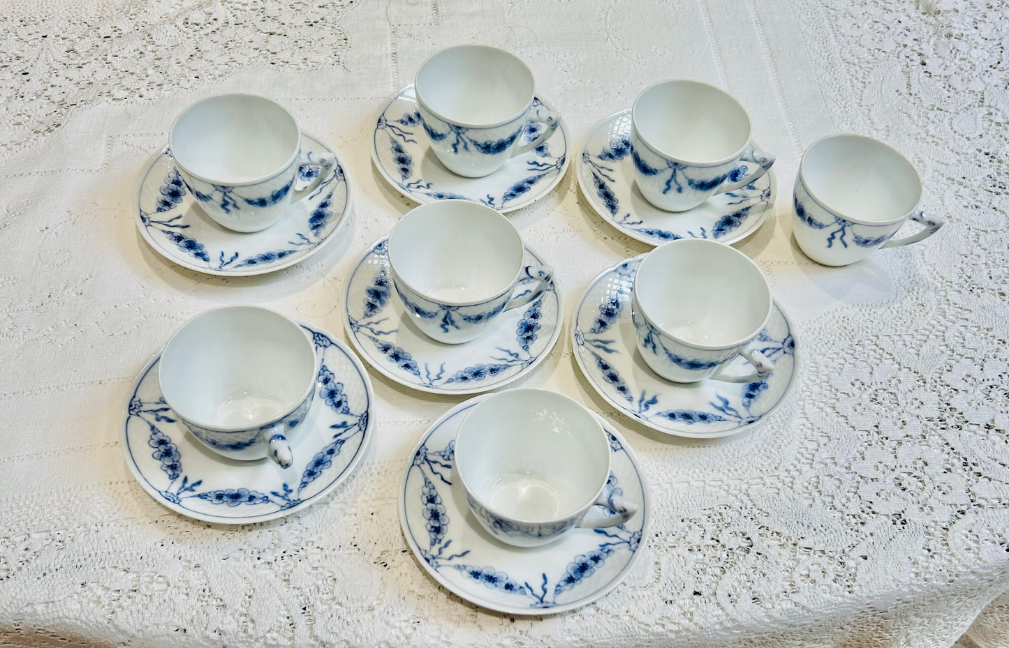 Danmark  Bing Grondahl China Cups and Saucers White Blue Empire Pattern Vintage  from Denmark