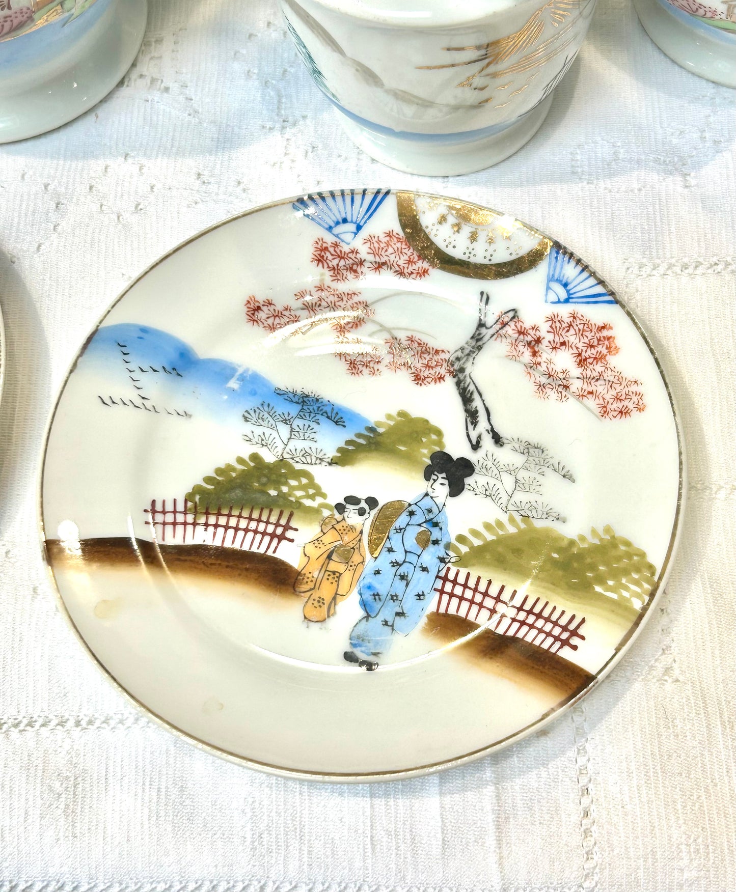 Vintage Japanese Porcelain Tea Set – Painted Landscape Design, Mixed 11-Piece Collection