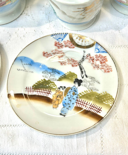 Vintage Japanese Porcelain Tea Set – Painted Landscape Design, Mixed 11-Piece Collection