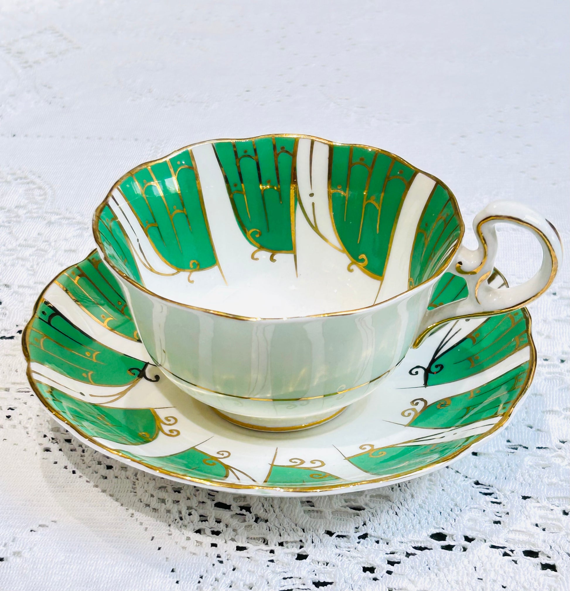 Radfords Bone China Teacup & Saucer with Green Panels, Gold Gilt, Floral Interior – Vintage