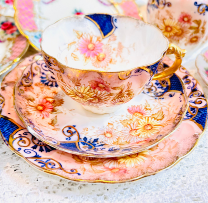 Antique Victorian Teacup & Saucer Set Pink Florals by Caulfield & Co China, Glasgow 19th century. 