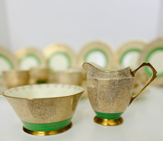 Rare Vintage Tuscan China Tea Set 6 Setting / Gold & Emerald Green