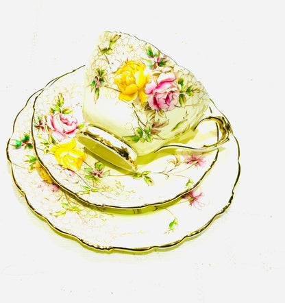 Paragon China - Vintage Pink & Yellow Rose Porcelain Tea Set – Gold Trimmed Cup, Saucer & Plate