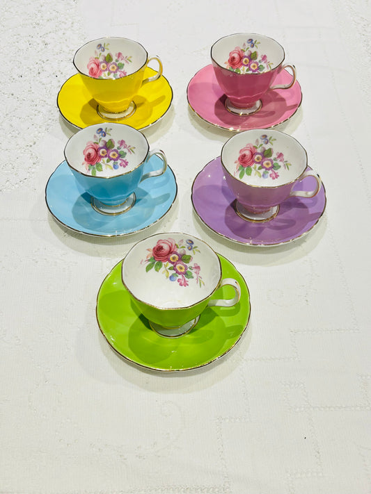 Vintage Rainbow Cups & Saucers Set – Adderley Floral China - yellow - punk - blue - purple - green - summer explosion 
