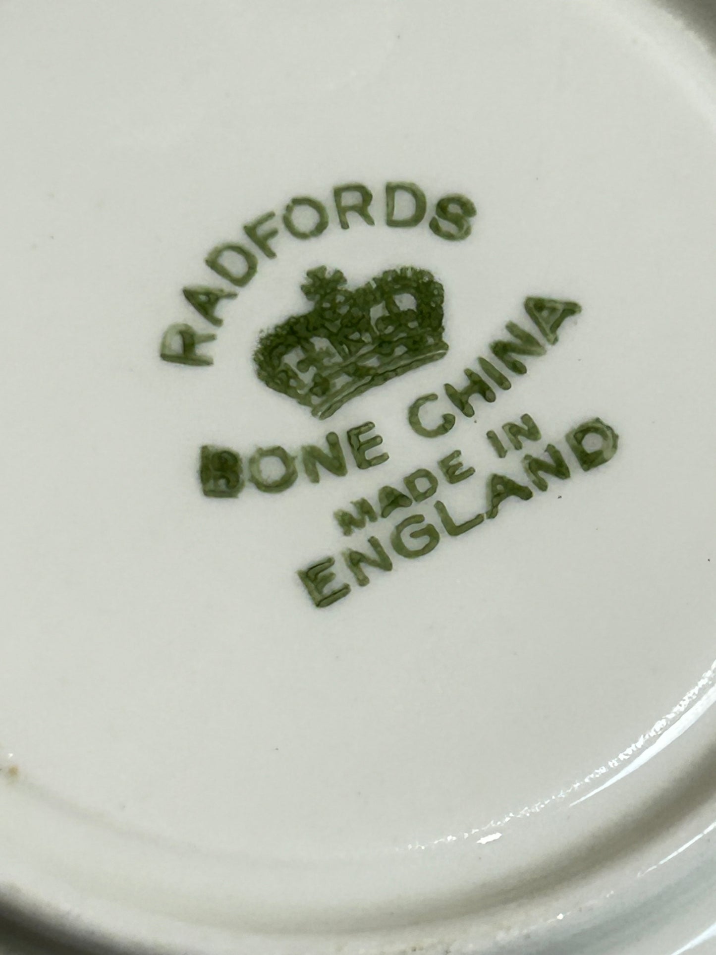 Radfords Bone China Teacup & Saucer with Green Panels, Gold Gilt, Floral Interior – Vintage