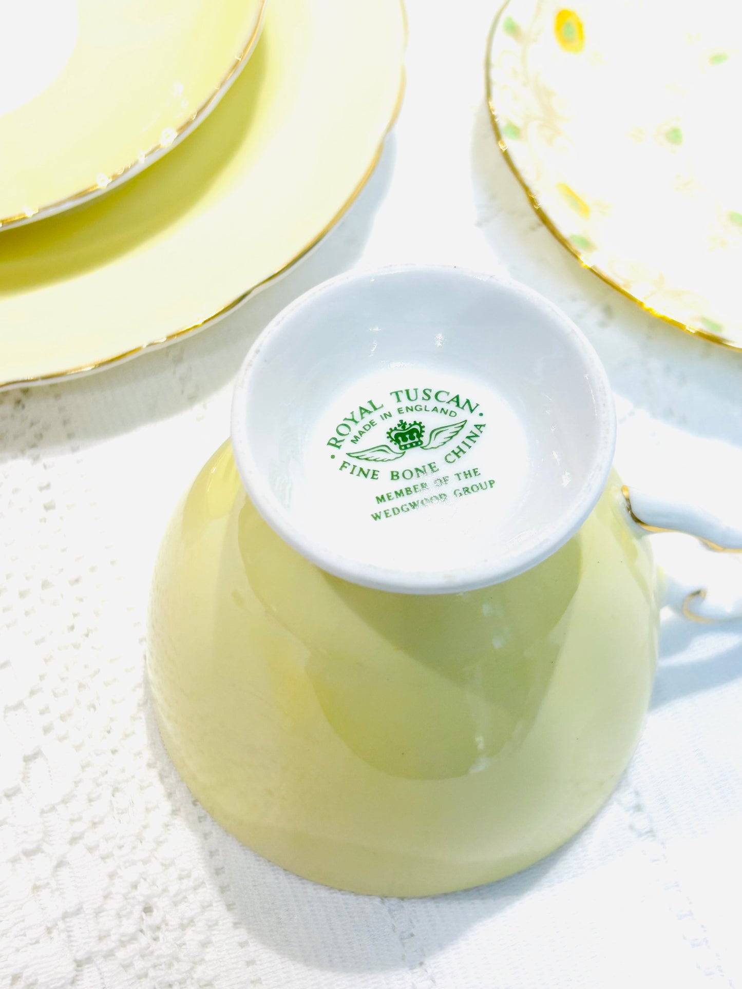 Mismatched vintage yellow tea set, perfect for an afternoon tea. Includes beautiful pieces by Tuscan and Royal Grafton China