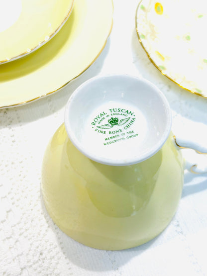 Mismatched vintage yellow tea set, perfect for an afternoon tea. Includes beautiful pieces by Tuscan and Royal Grafton China