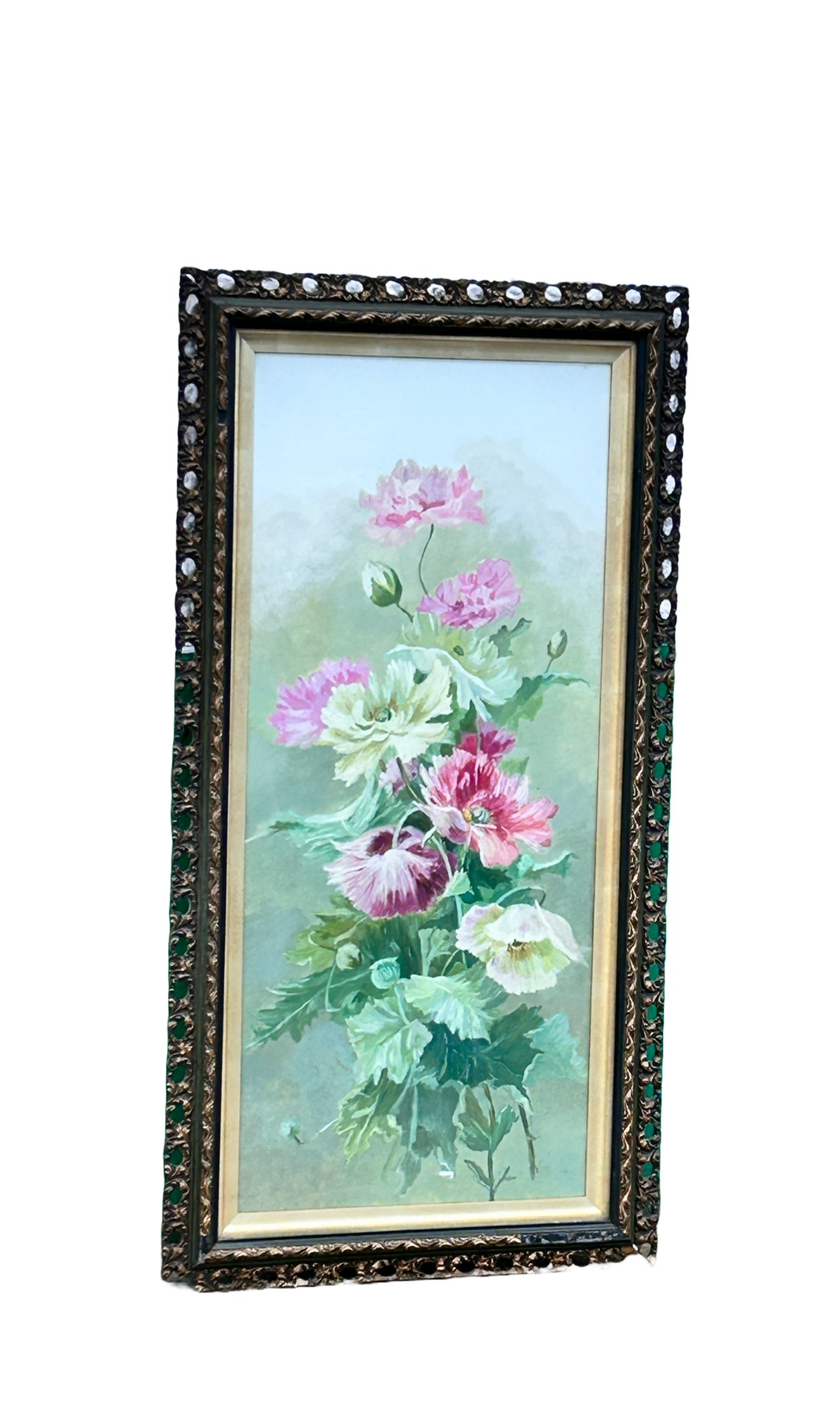 Vintage Milk Glass Floral Painting – Framed Wall Art with Ornate Border