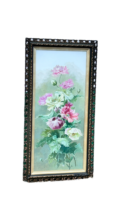 Vintage Milk Glass Floral Painting – Framed Wall Art with Ornate Border