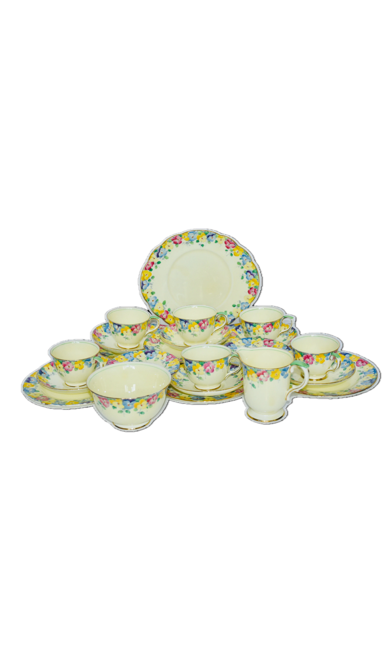 Vintage Crown Staffordshire tea set for six, crafted in fine bone china with vibrant multicoloured floral patterns and gold trim. This complete set of cups, saucers, and plates is a true English classic, highly sought after by collectors across the UK and Europe.