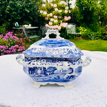 Spode Italian Footed Tureen – Blue & White Serving Dish – Large Lidded Centrepiece (c.1816 Design) /20th c.