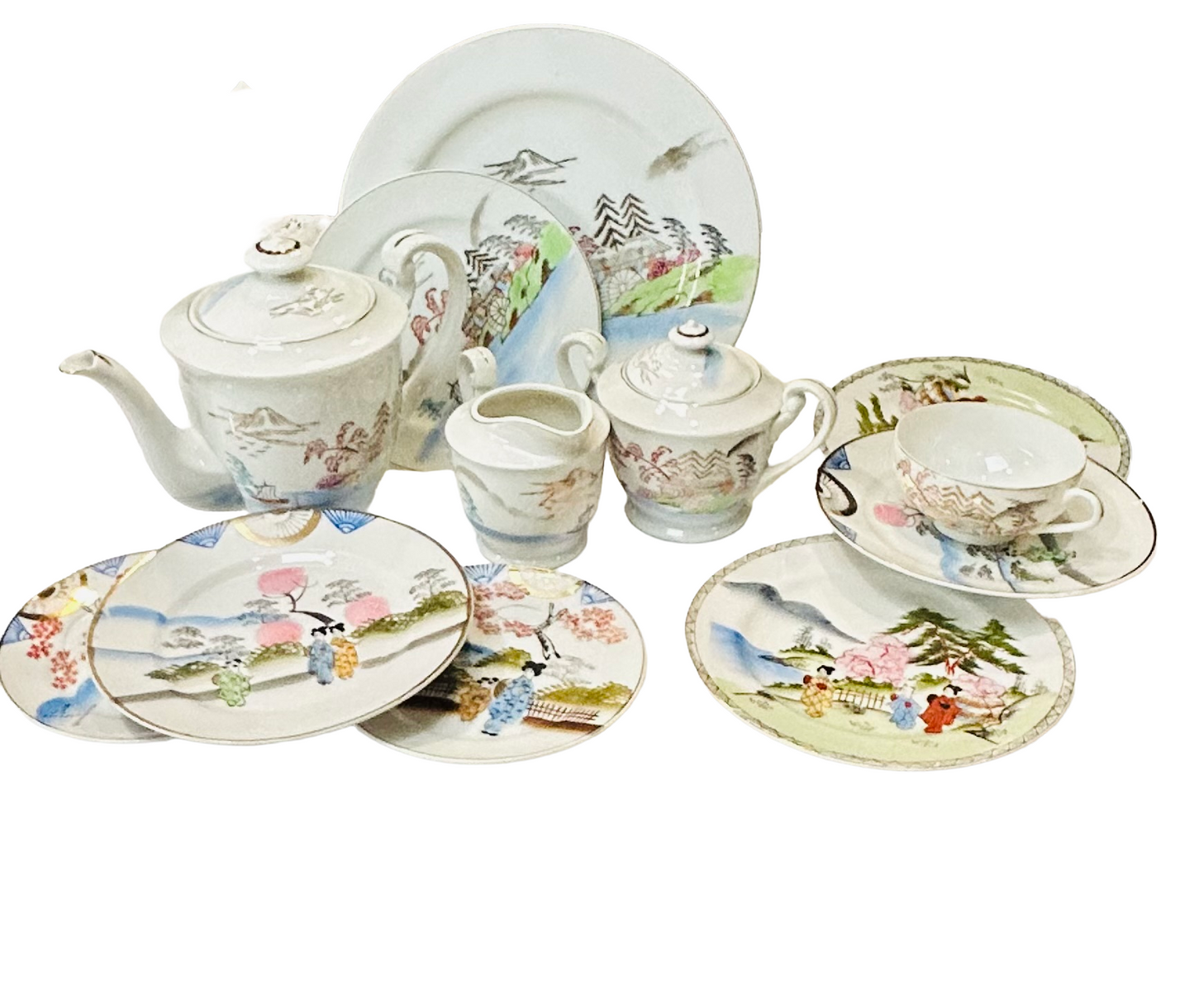 Vintage Japanese Porcelain Tea Set – Painted Landscape Design, Mixed 11-Piece Collection