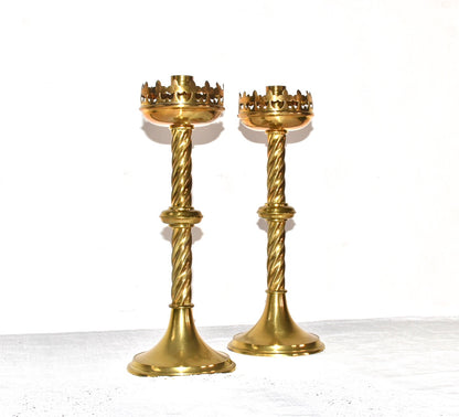 Antique Victorian Revival  a Pair of Tall Gothic Brass Candlesticks