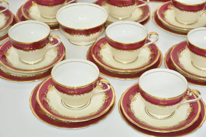 Aynsley Tea Set for 10 People Cranberry & Gold Teacups & Saucers