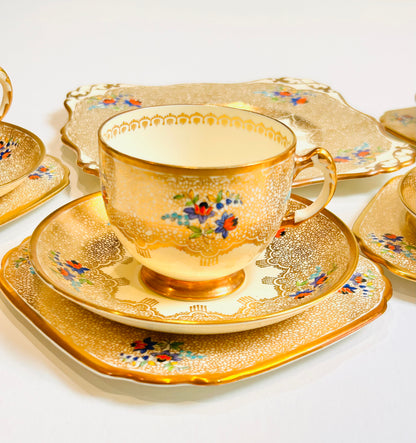 Tuscan English Bone China Teacup Saucer Trio Set – 1930s Art Deco - Gold