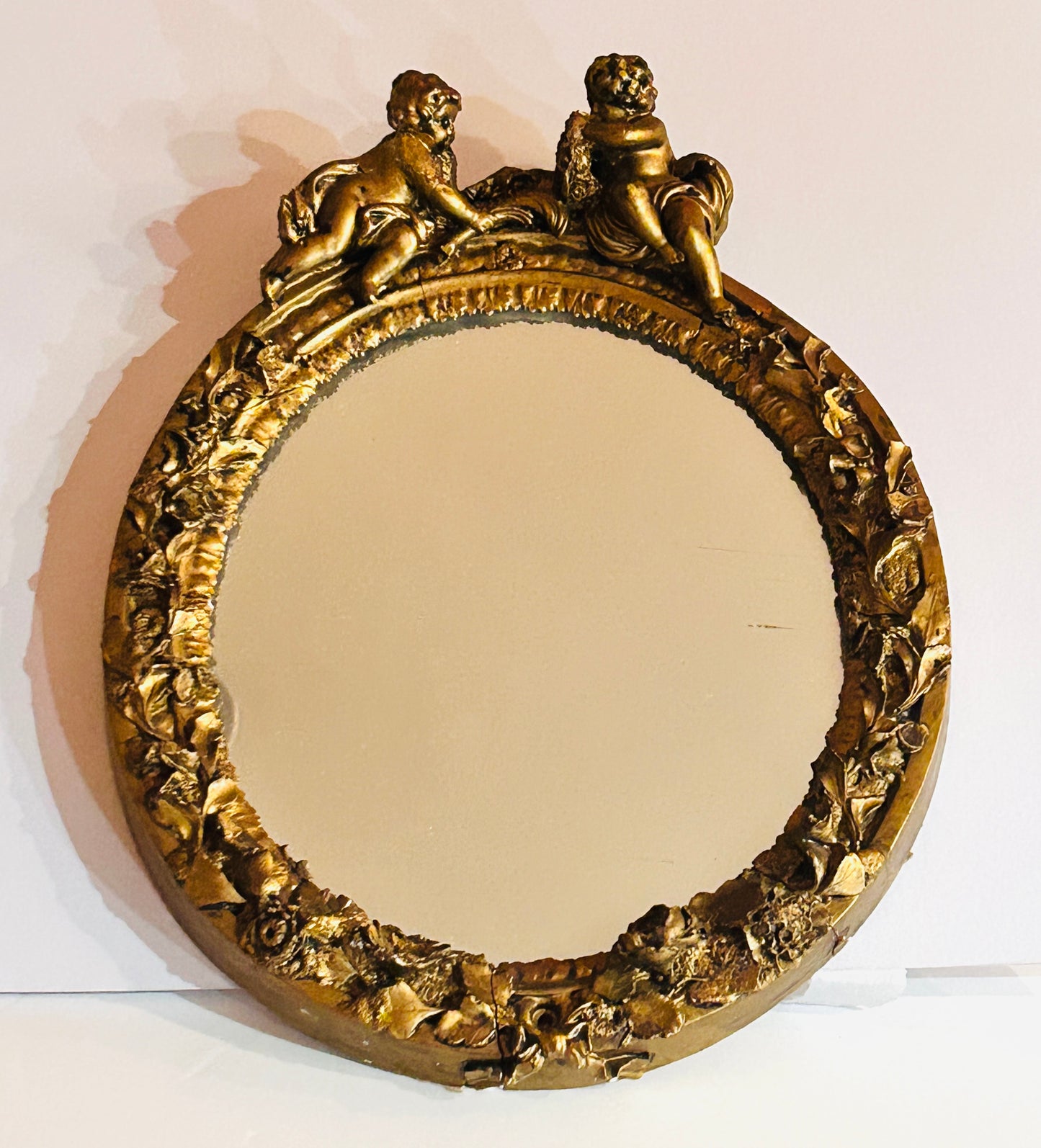 Antique Small Oval Pair of Gilt Mirrors with cherubs ornate wall decor