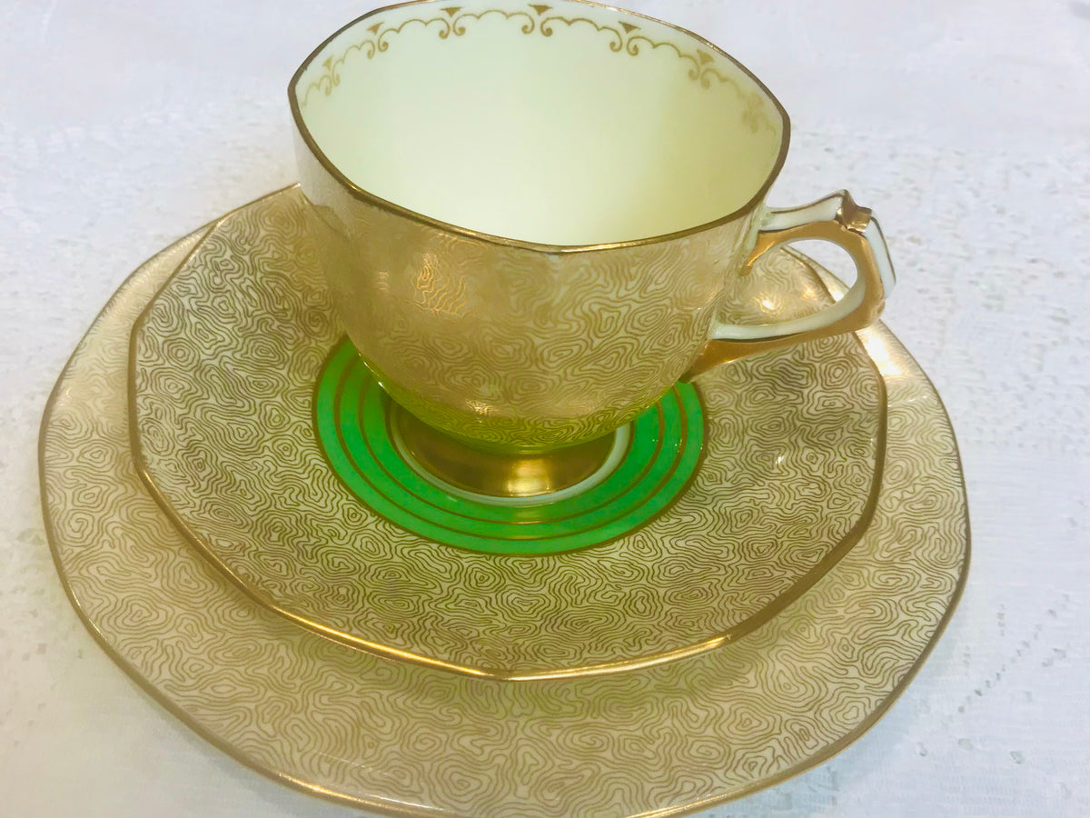 Vintage Tuscan Bone China Teacup Trio Green  & Gold /1940’s