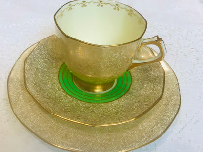 Vintage Tuscan Bone China Teacup Trio Green  & Gold /1940’s