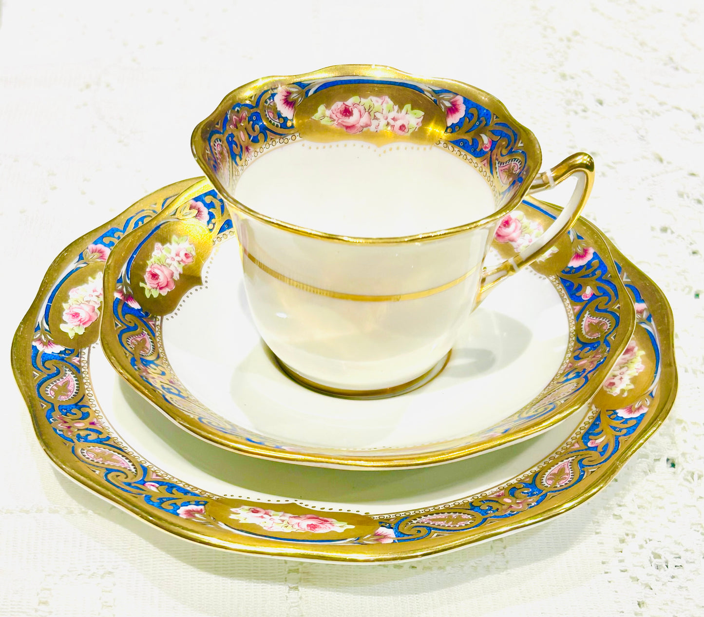 Vintage Pink Rose Gilded Teacup Saucer Trio Set by Roslyn China, England