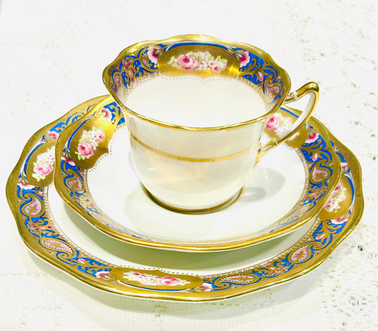 Vintage Pink Rose Gilded Teacup Saucer Trio Set by Roslyn China, England