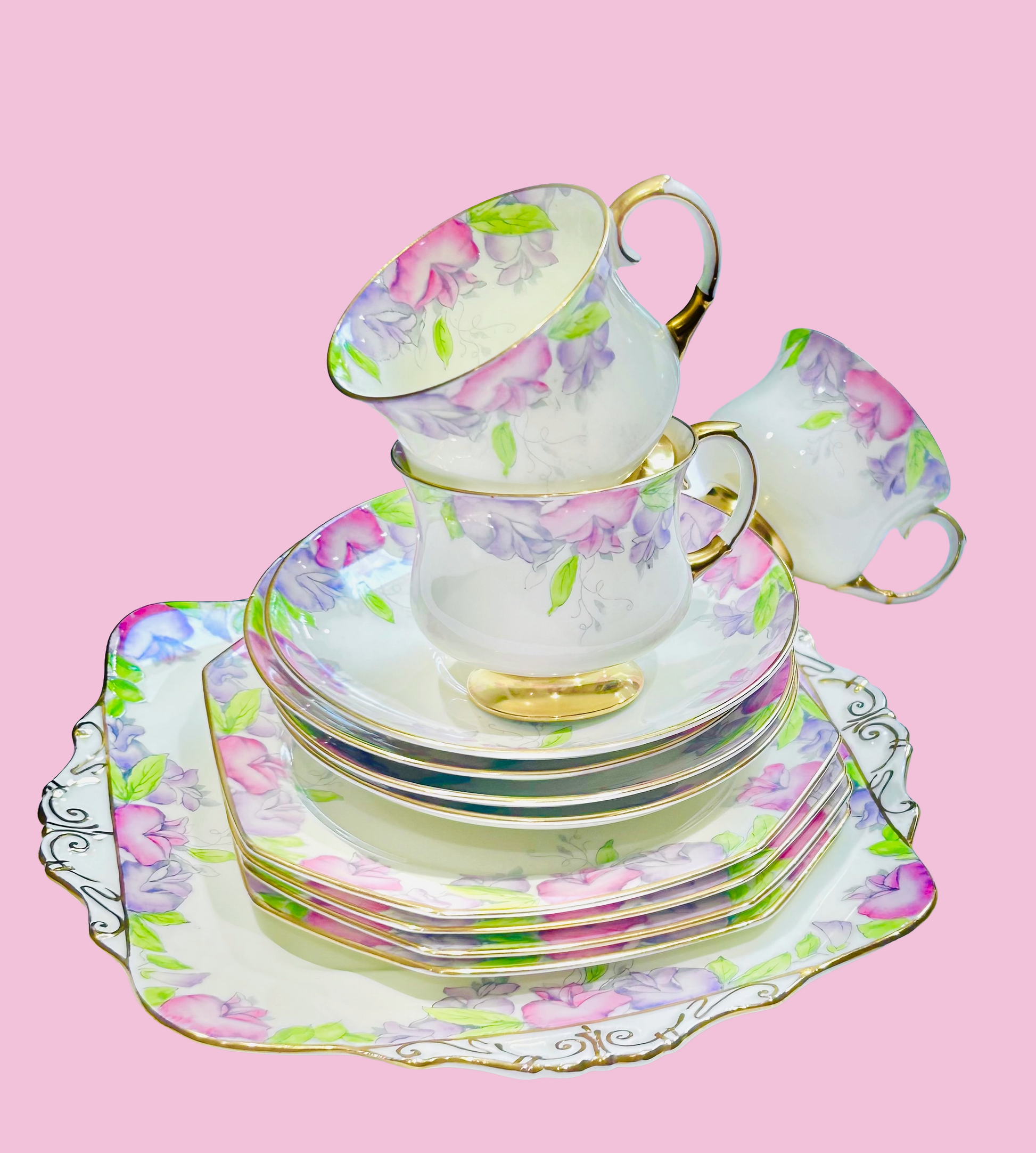 Beautiful Vintage Paragon China Tea Set Art Deco Cream Pink Flowers Teacups & Saucers Cake Plate 