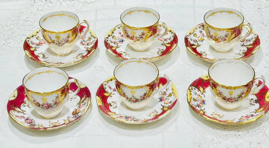 English Victorian China Tea Set – 6 Cups & Saucers, Gilded, Antique