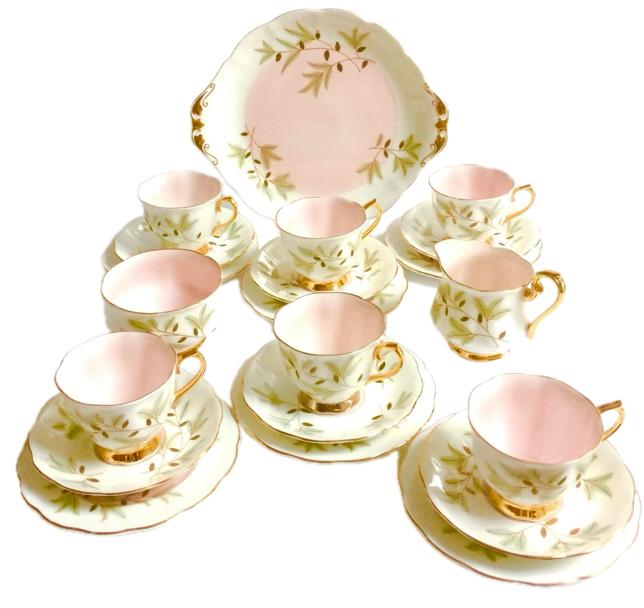 Royal Albert Vintage China Tea Set Braemar Pattern Pink Teacups & Saucers