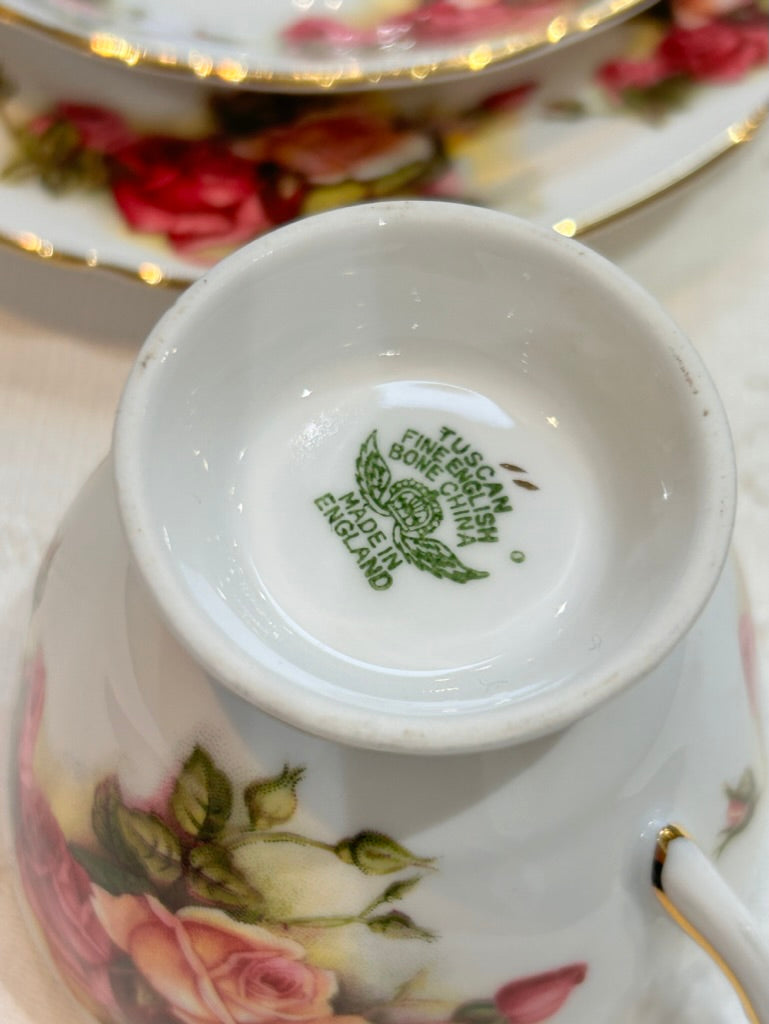 Tuscan Pink Rose Teacup Trio