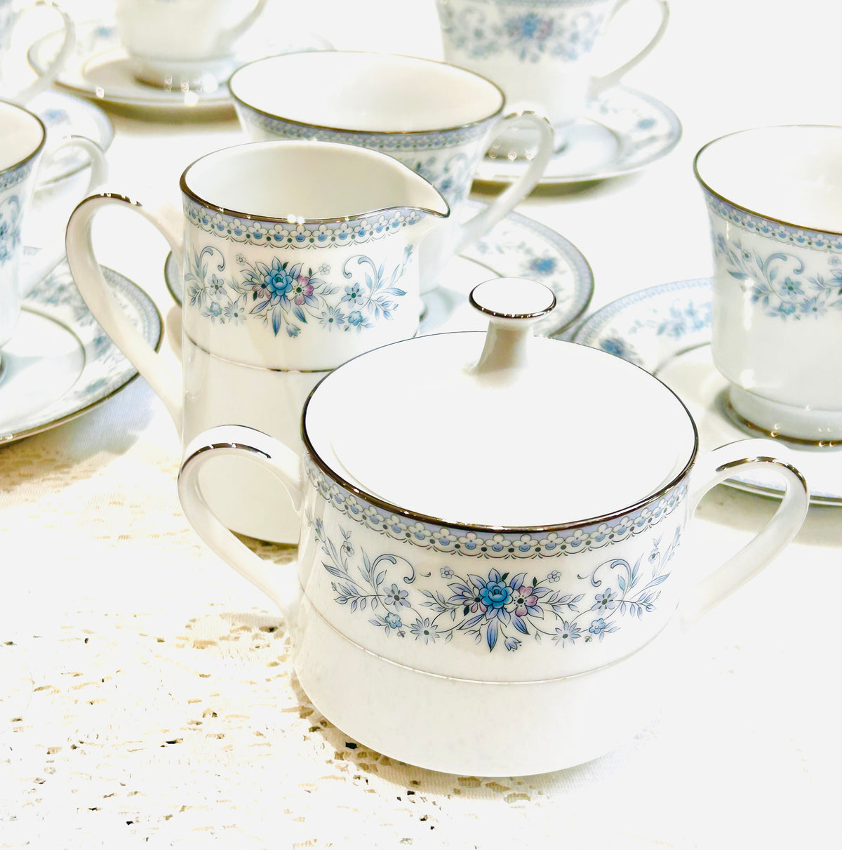 Vintage Noritake Bone  China Tea Set - Blue Hill Teacups & Saucers