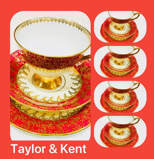 A set of 6 Elegant  Red Gold Vintage teacups saucers English afternoon tea by Taylor & Kent