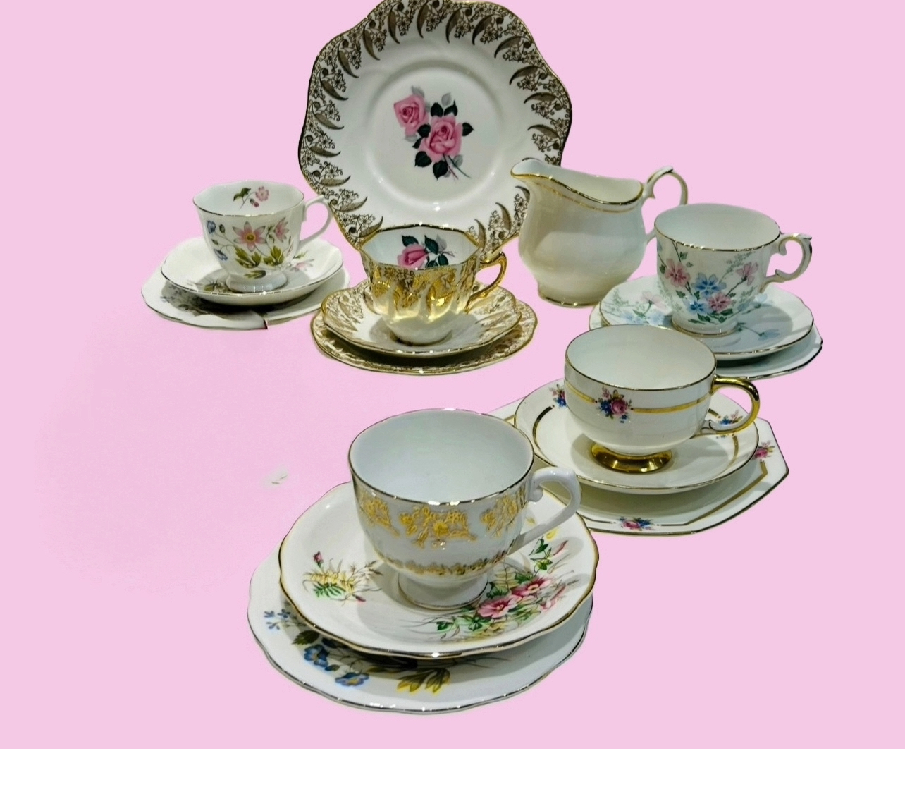 Vintage Bone China Tea Set - Mis matched Floral Teacups & Saucers Includes Paragon, Clare & Duchess China