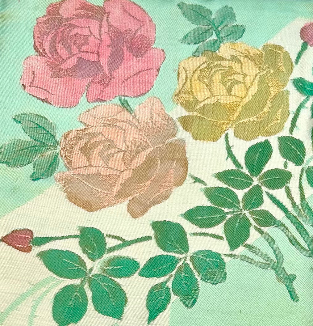 Vintage Green Irish Linen Tablecloth  - Roses Pattern