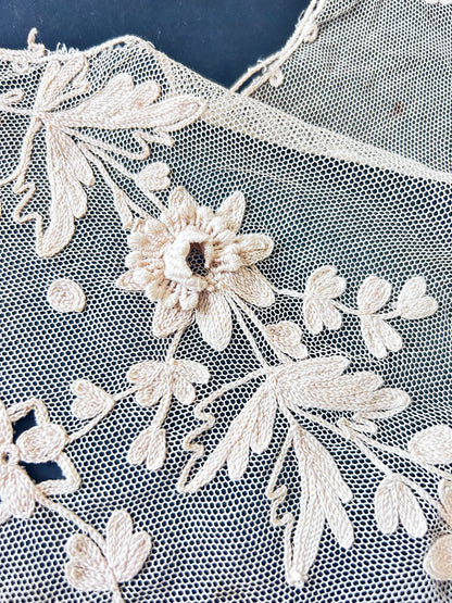 Vintage Floral Embroidered Lace Panel – Scalloped Mesh, Beige Threadwork, Textile Art