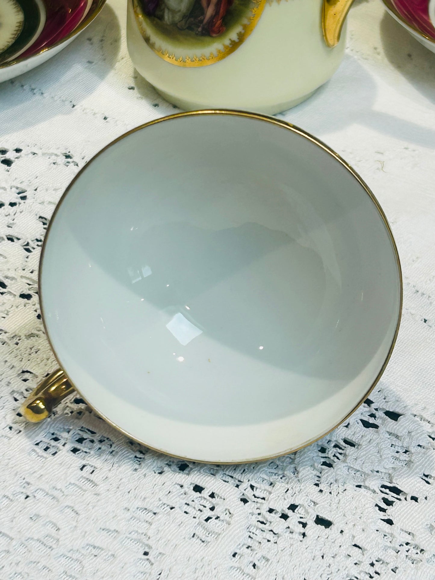 Mid‑Century APIRAG EPIAG Tea Set – Czechoslovakia Porcelain, Gold Gilt, Romantic Courting Scene