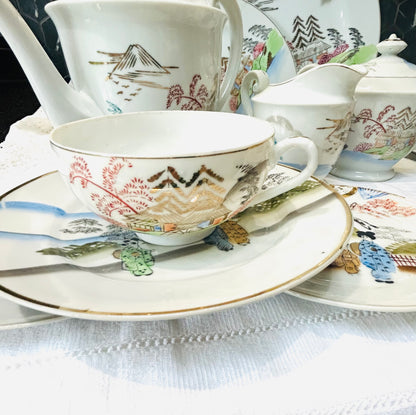 Vintage Japanese Porcelain Tea Set – Painted Landscape Design, Mixed 11-Piece Collection