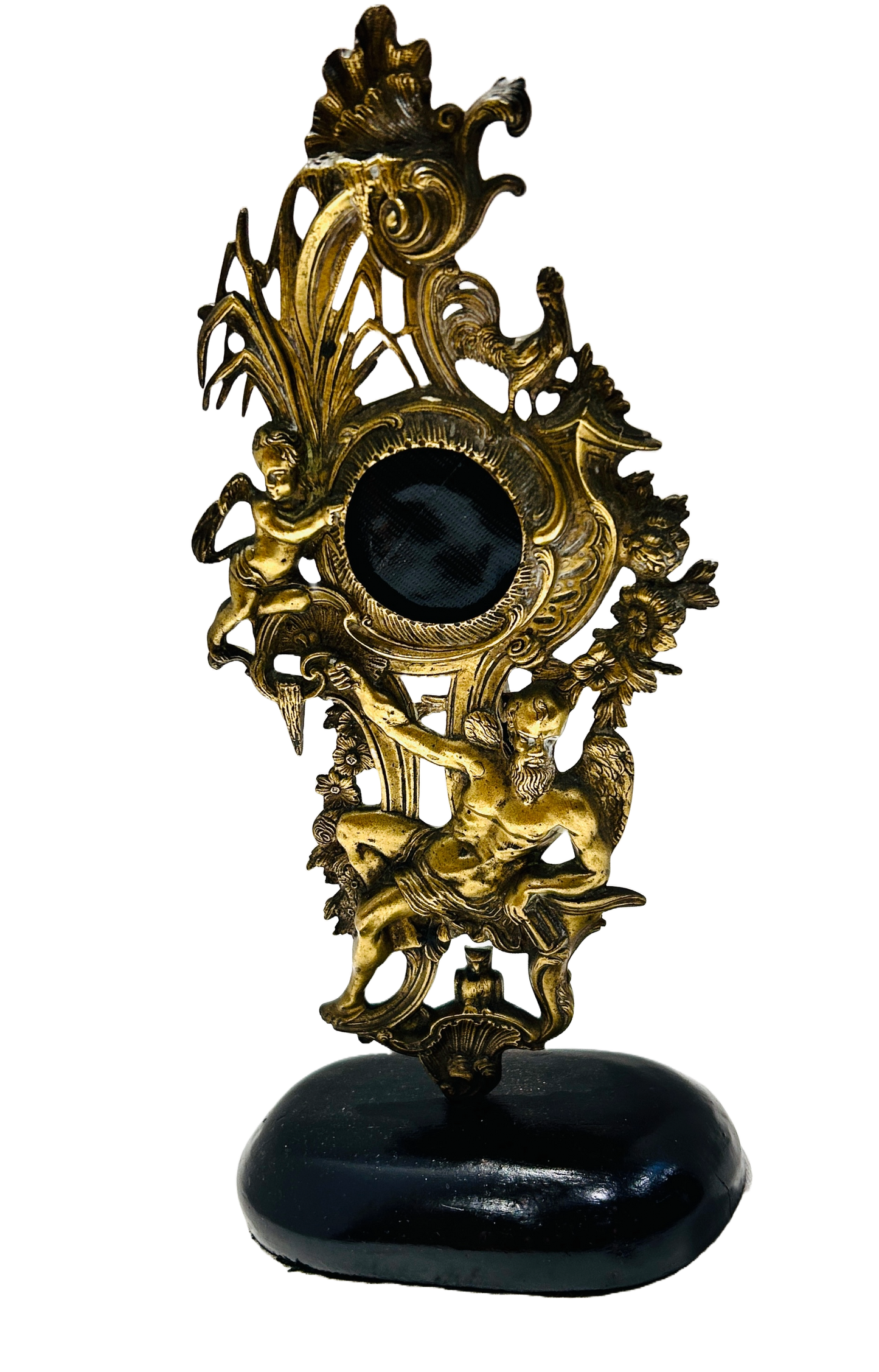 Antique Gilded Bronze Rococo-Style Watch Stand with Satyr Figure Ornate Decorative Display