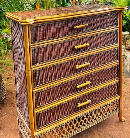 Rare Vintage Wicker Rattan Bamboo 5-Drawer Chest of Drawers  - 95cm x 50cm x 107cm