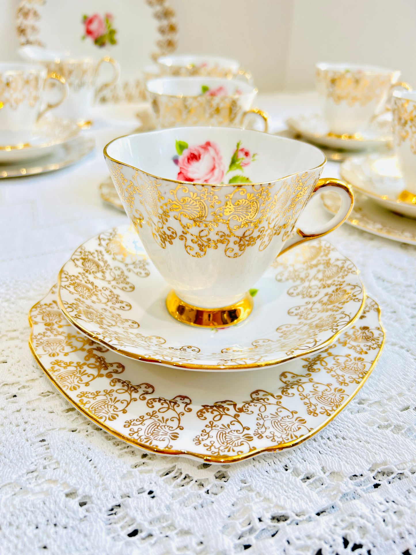 Windsor English China Pink & Gold Rose Vintage Tea Set