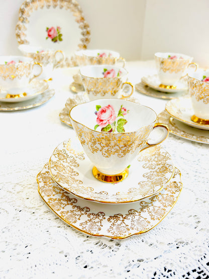 Windsor English China Pink & Gold Rose Vintage Tea Set