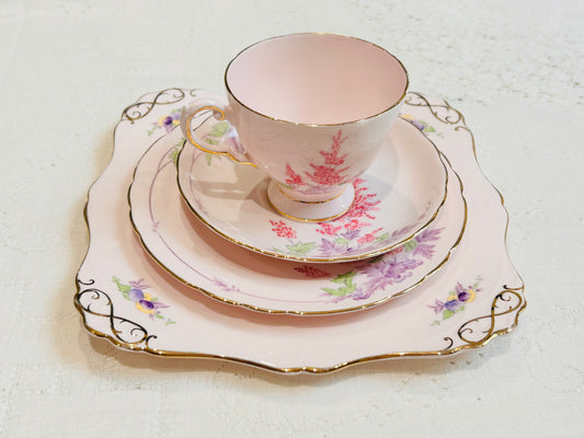 Vintage Pink Tuscan Bone China Teacup Trio Tea set Floral 1960’s