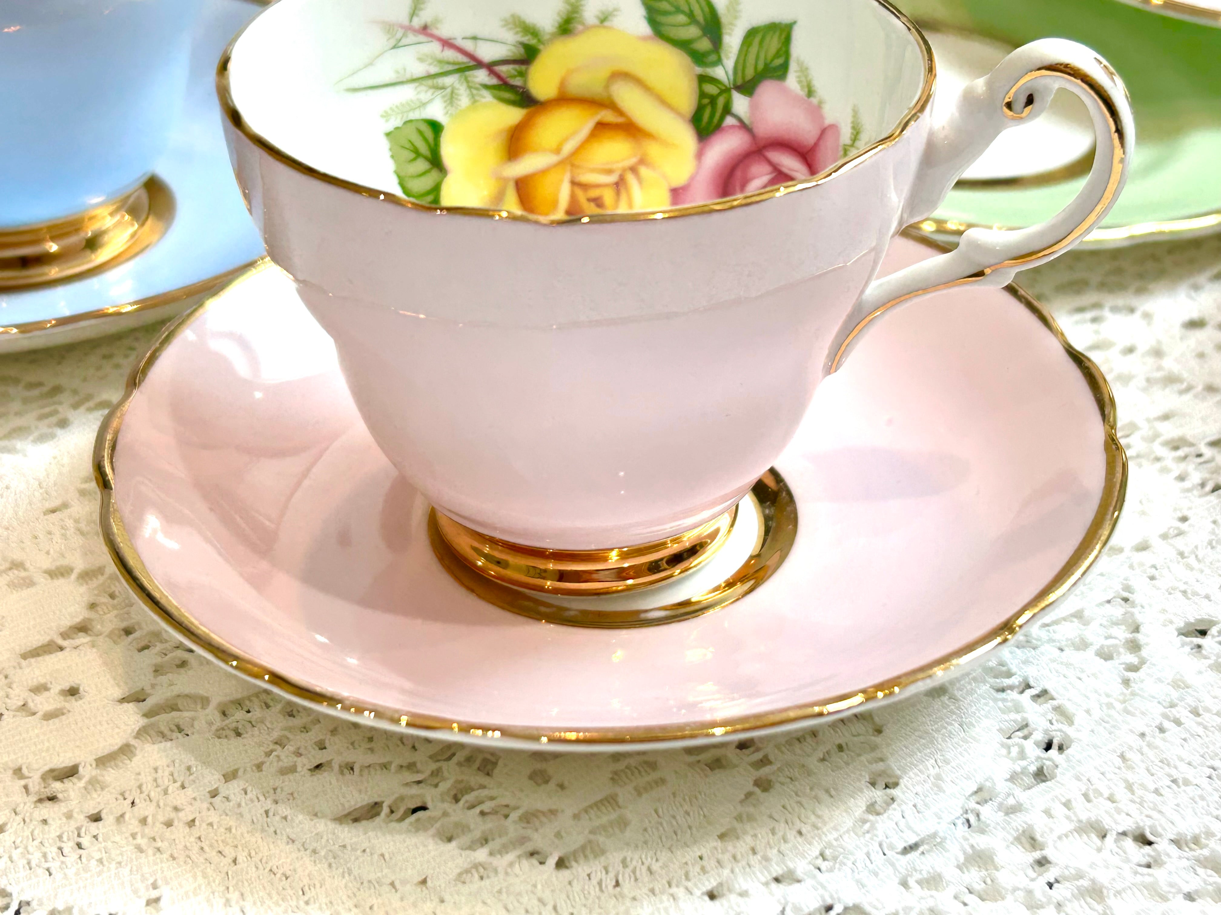 6 x Harlequin Pastels Pink Yellow Blue Green England Bone China Mix Match Mismatch Tea Cups Saucers Side outlets Plates Sets Trios Afternoon Party