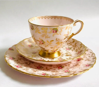 Pink Tuscan English Bone China - Gold Rose Teacup & Saucer Set Vintage Afternoon Tea -