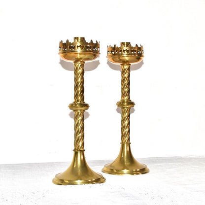 Antique Victorian Revival  a Pair of Tall Gothic Brass Candlesticks