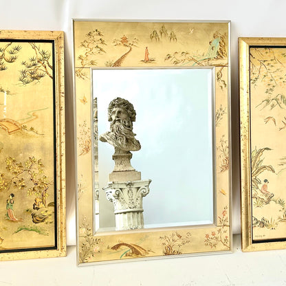  Rare La Barge Triptych Chinoiserie Mirror Set with Gold leaf Eglomise panels, depicting a Western 17th and 18th century Chinoiserie design of people, flora, bridges, birds and water falls. &nbsp;Signed by the artist on one panel, K Widing 1980. 