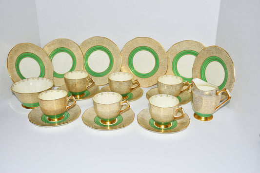 Tuscan China Art Deco Tea Set English Vintage Afternoon Tea Green Gold Design - 6 Setting