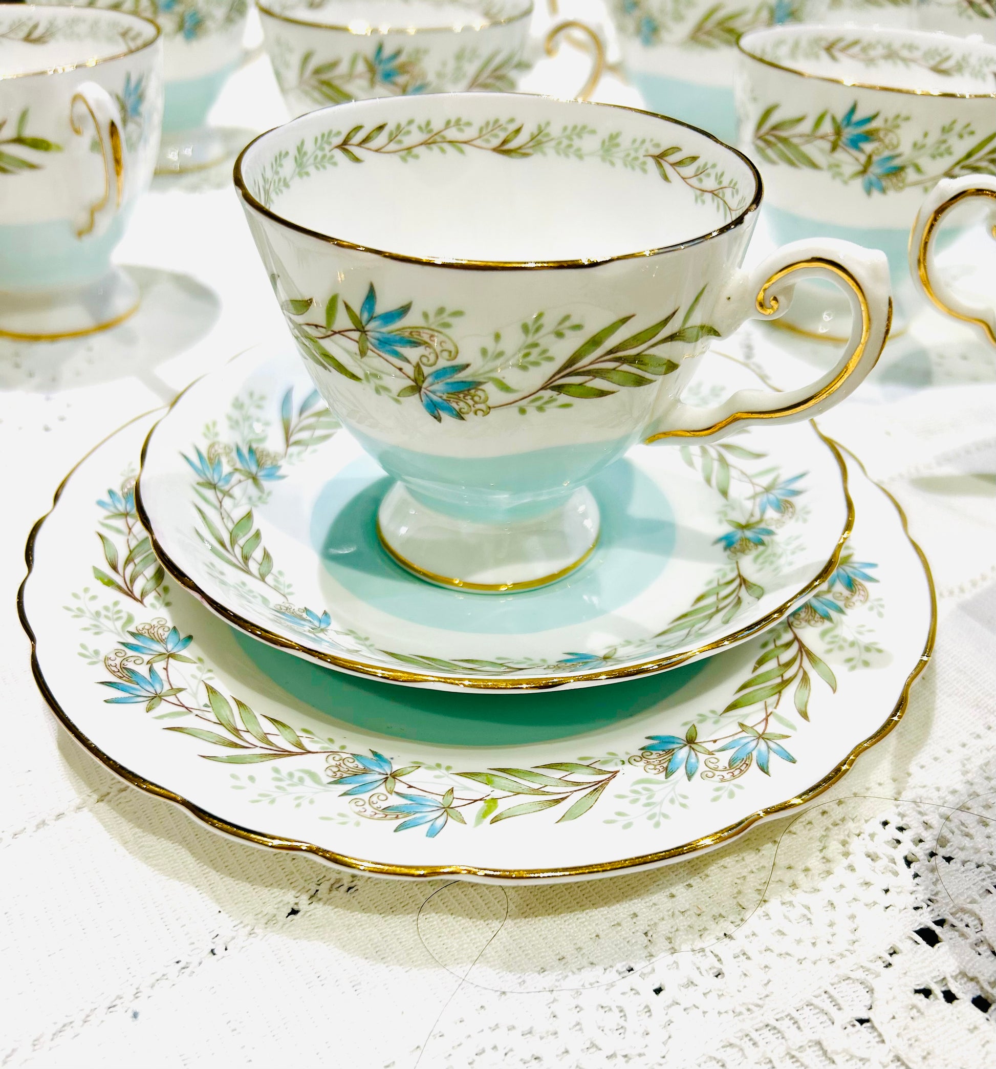 Tuscan China Teacup Trio – Mid‑Century Vintage Tea Set – White & Duck Egg Blue Bone China