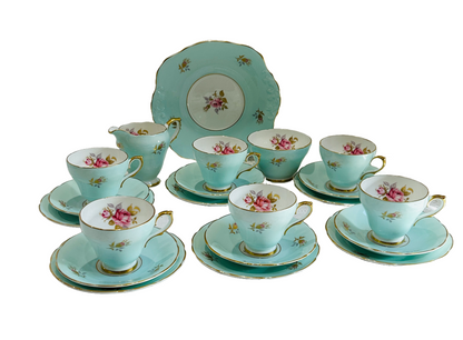 Vintage Duck Egg Blue &  Pink Rose Afternoon Tea Set for 6 Teacups Saucers High Tea Party. Simply beautiful &nbsp;- this original duck egg blue & pink rose spray vintage Tea set was made in England circa the 1950's/60's by H & M - Sutherland China. 